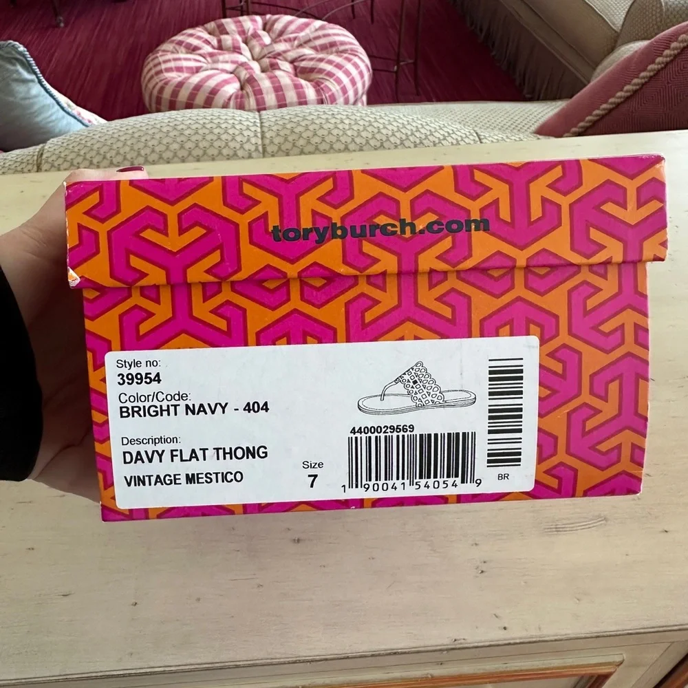 Tory Burch Navy “Davy Flat” Laser-Cut Leather Thong Sandals with Brown Footbed - Picture 6 of 6